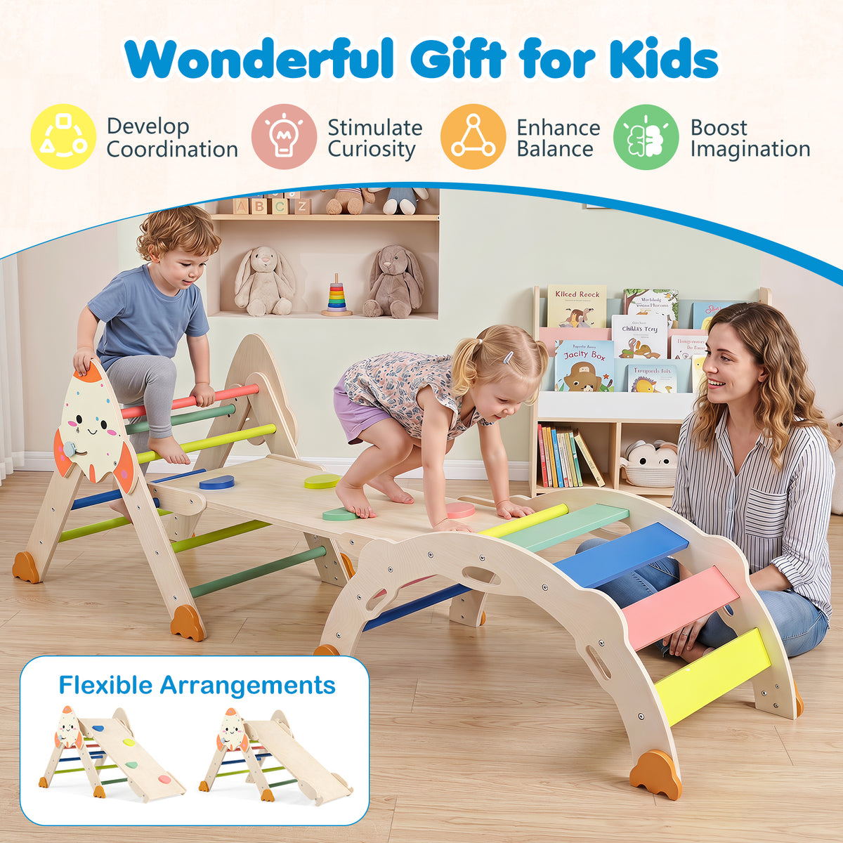 8-in-1 Climbing Toys for Toddlers, Rocket-Themed Foldable Montessori Wooden Arch Climber