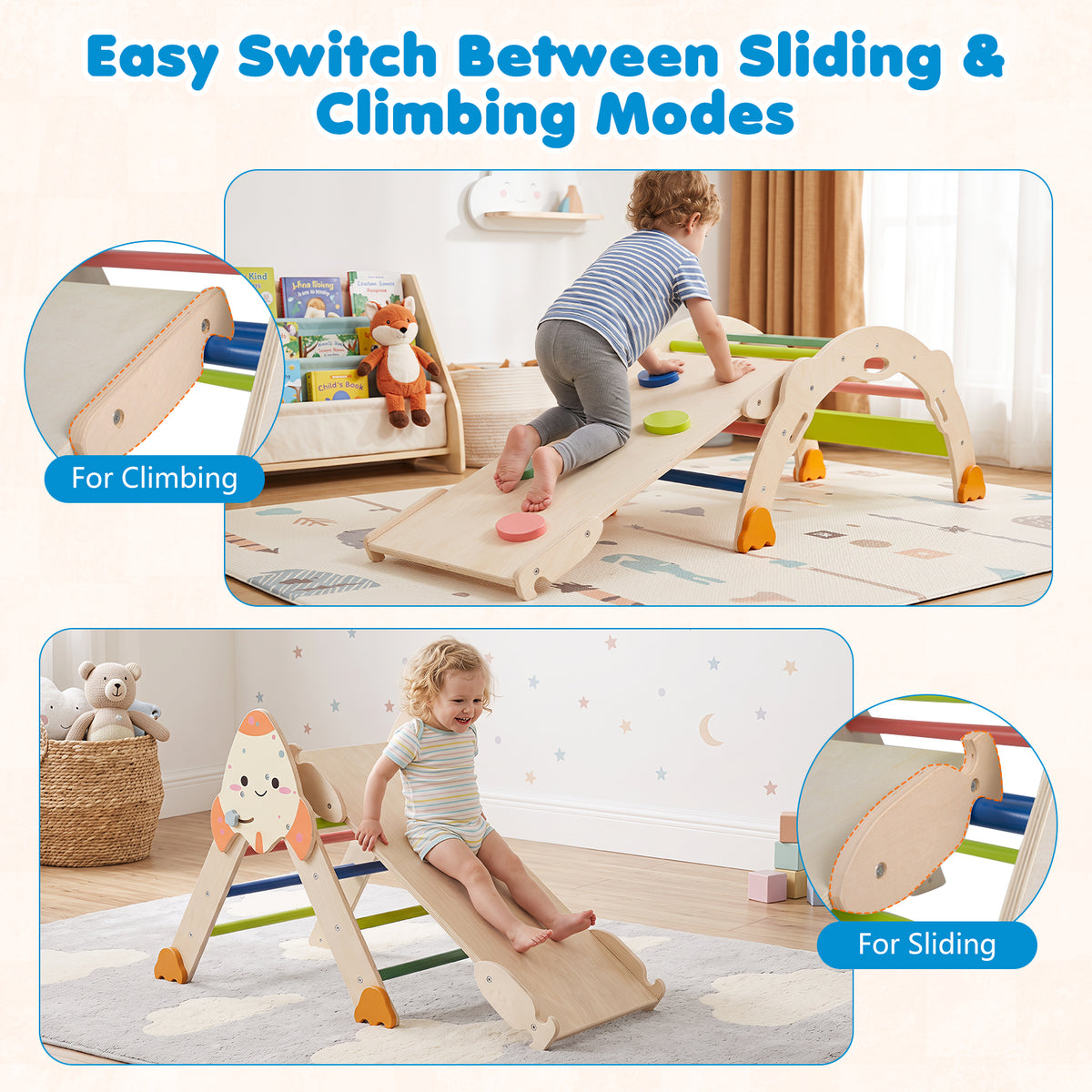 8-in-1 Climbing Toys for Toddlers, Rocket-Themed Foldable Montessori Wooden Arch Climber