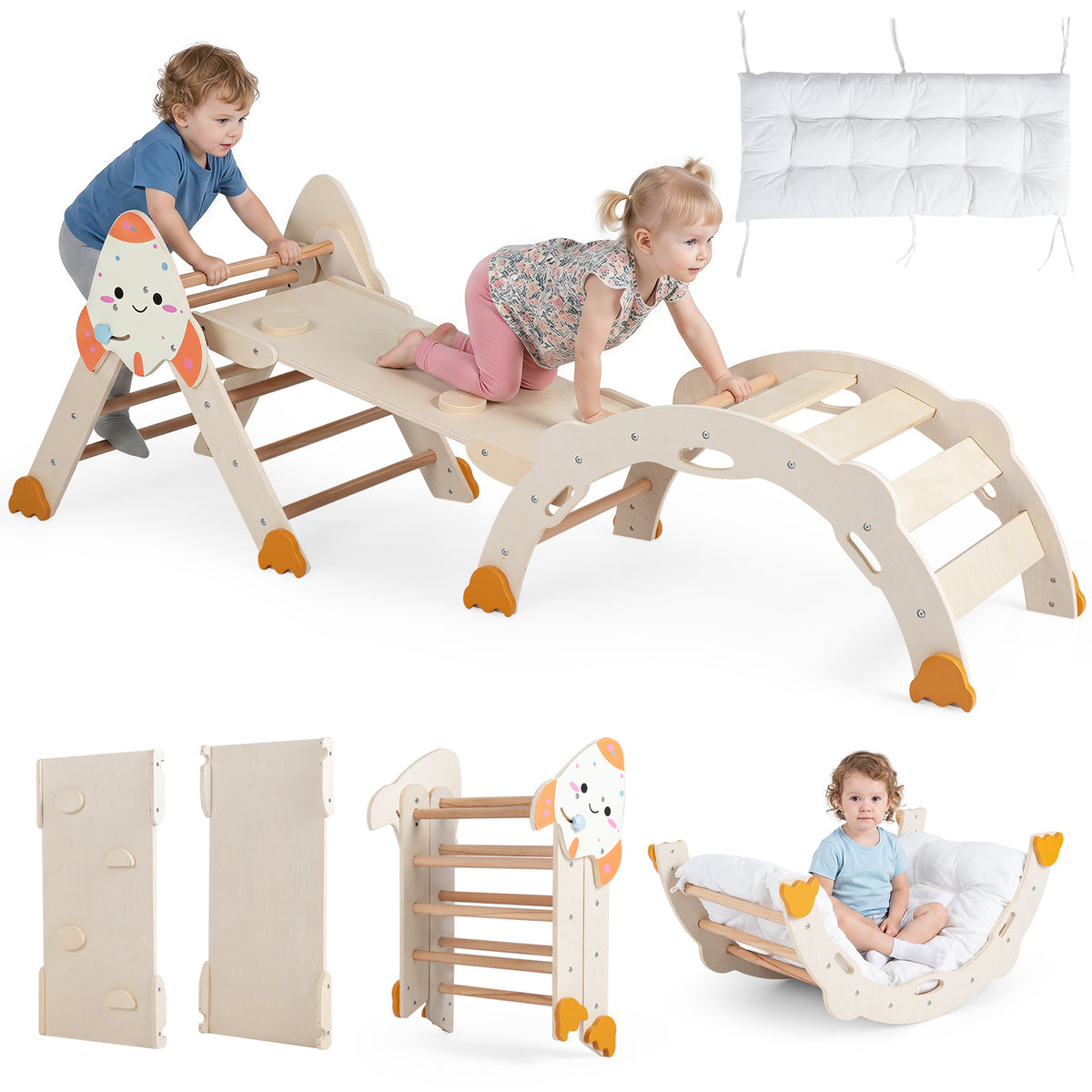 8-in-1 Climbing Toys for Toddlers, Rocket-Themed Foldable Montessori Wooden Arch Climber