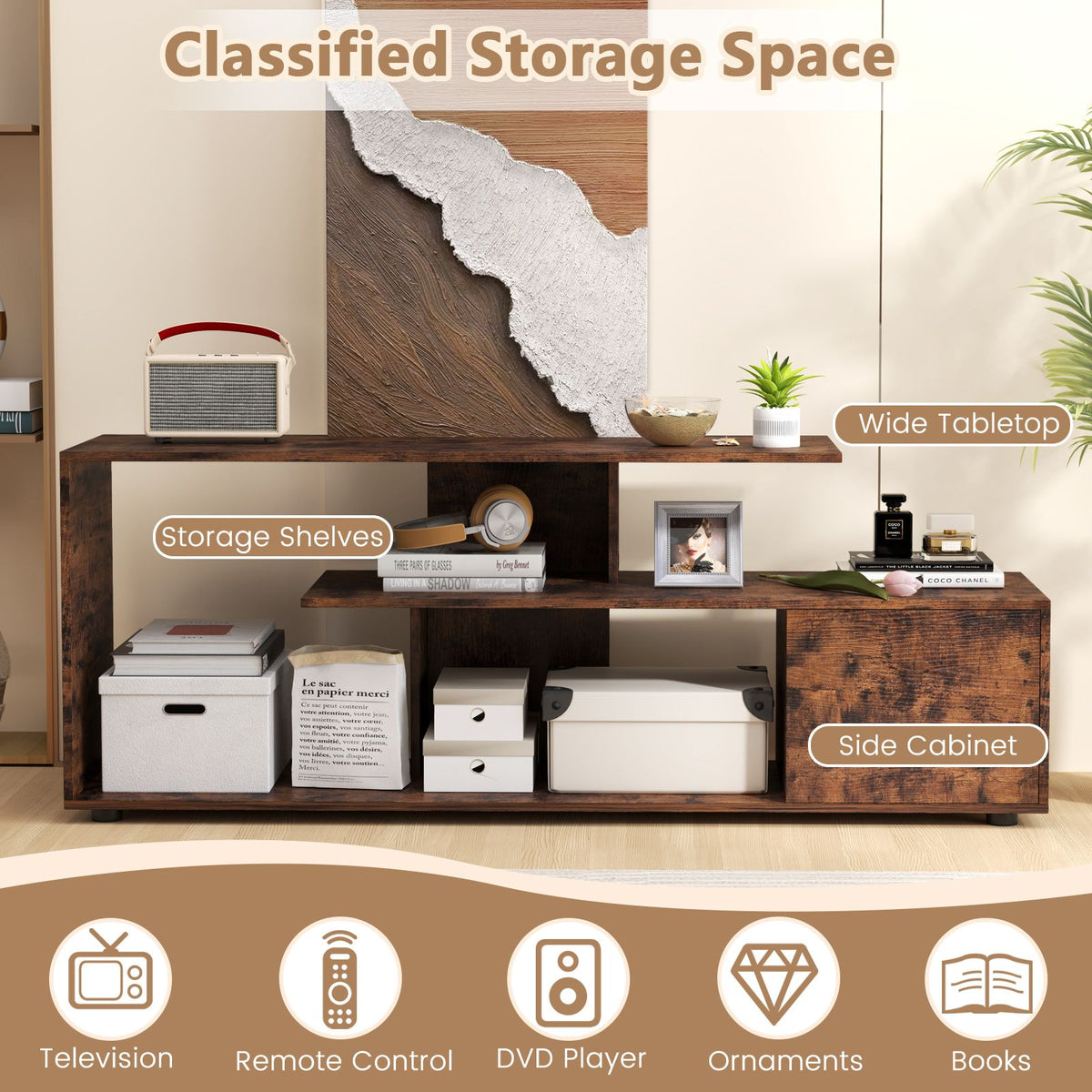 TV Stand with Storage Shelves and Cabinet for Living Room and Bedroom