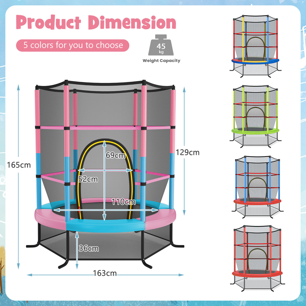 Kid Round Trampoline, 4.5ft Children Outdoor & Indoor Jumping Bed