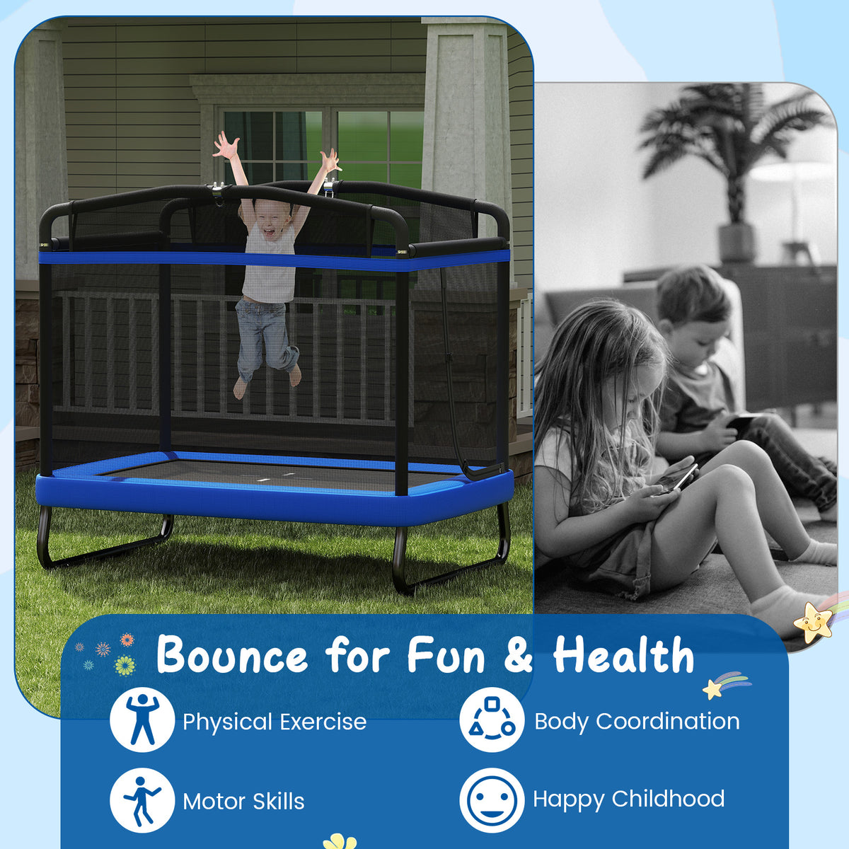 6 FT Kids Trampoline with Swing and Horizontal Bar