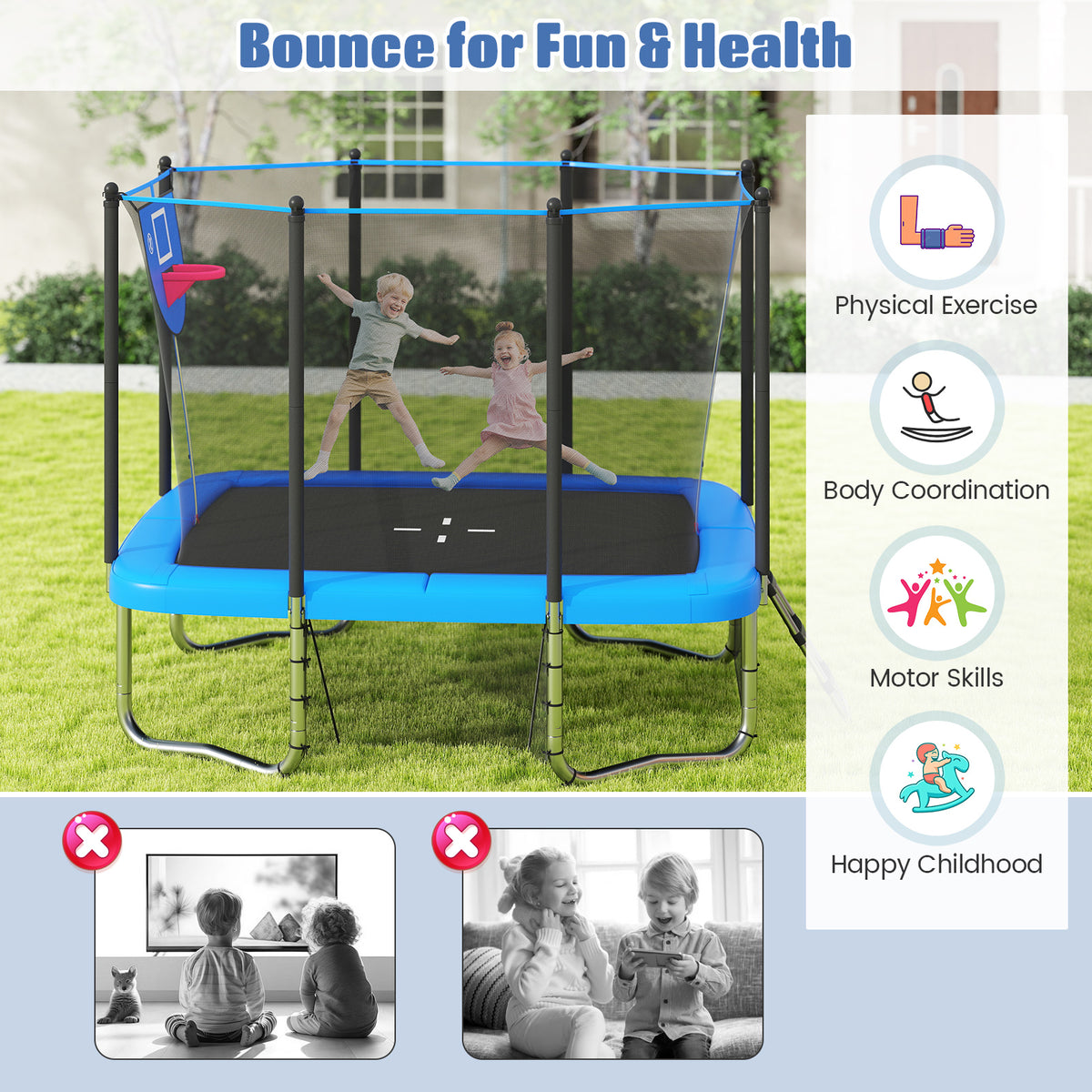 Rectangle Outdoor Trampoline, 10 x 8 FT Heavy-Duty Trampoline with Basketball Hoop