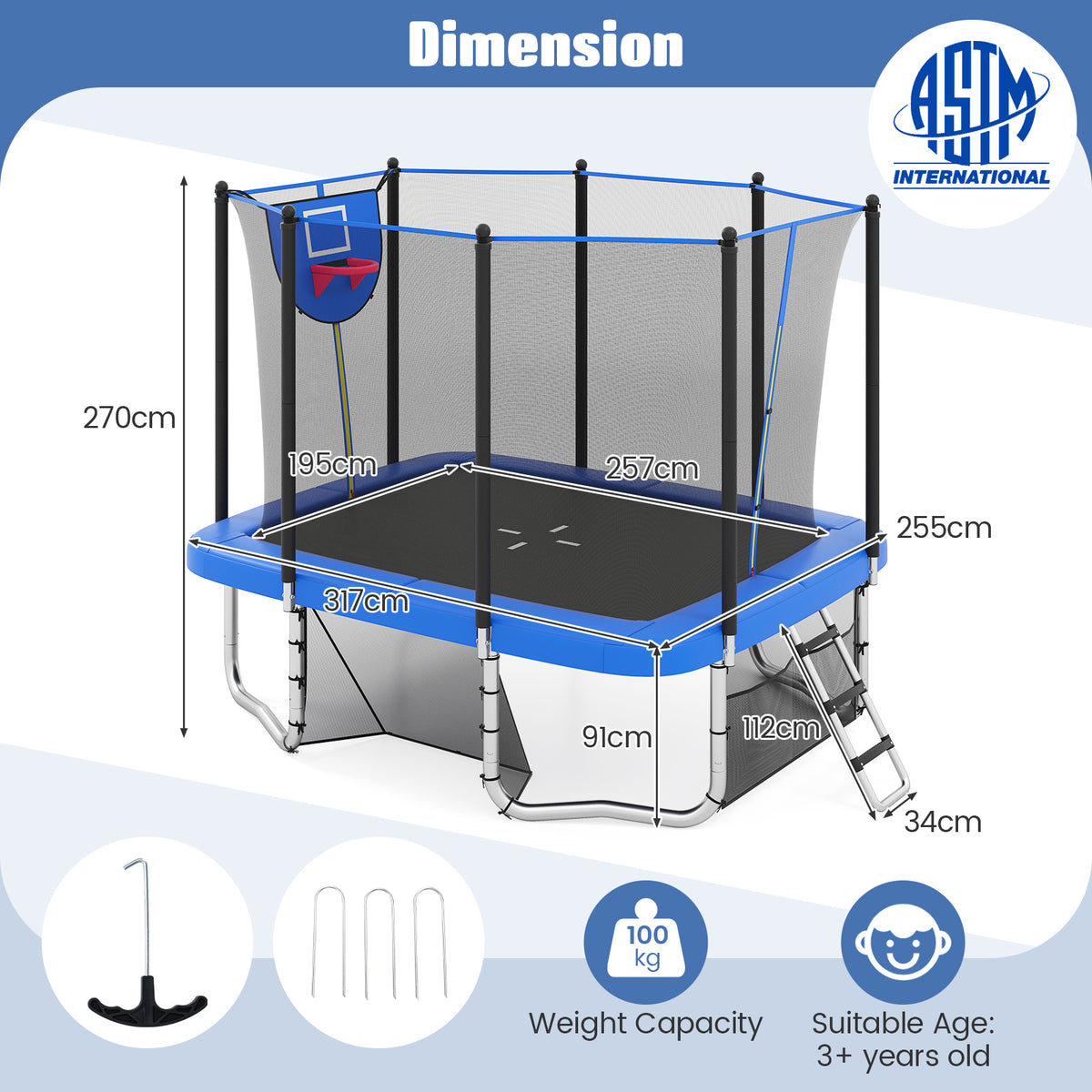 Rectangle Outdoor Trampoline, 10 x 8 FT Heavy-Duty Trampoline with Basketball Hoop