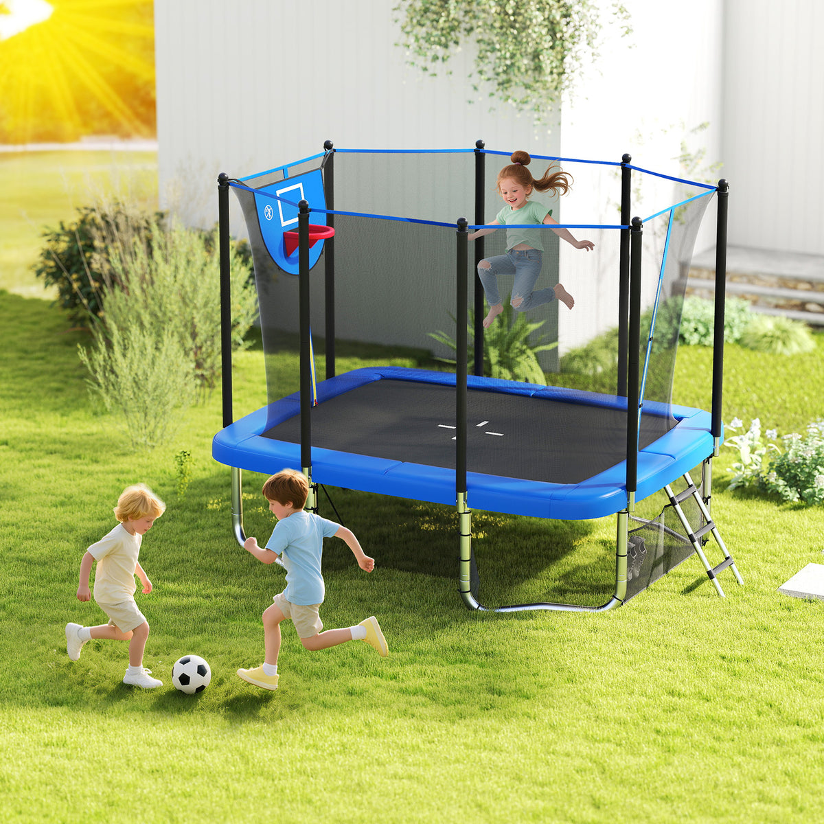 Rectangle Outdoor Trampoline, 10 x 8 FT Heavy-Duty Trampoline with Basketball Hoop