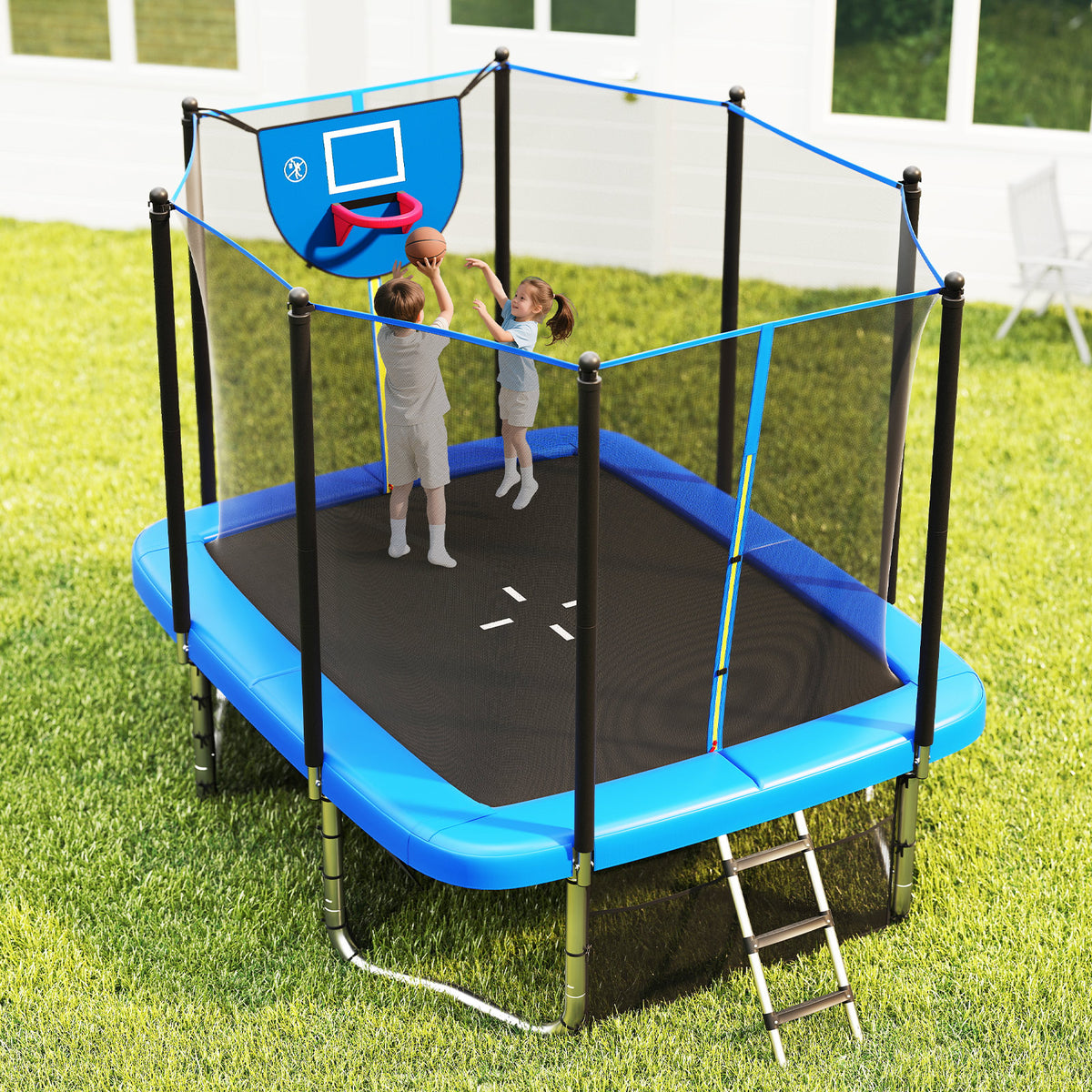 Rectangle Outdoor Trampoline, 10 x 8 FT Heavy-Duty Trampoline with Basketball Hoop