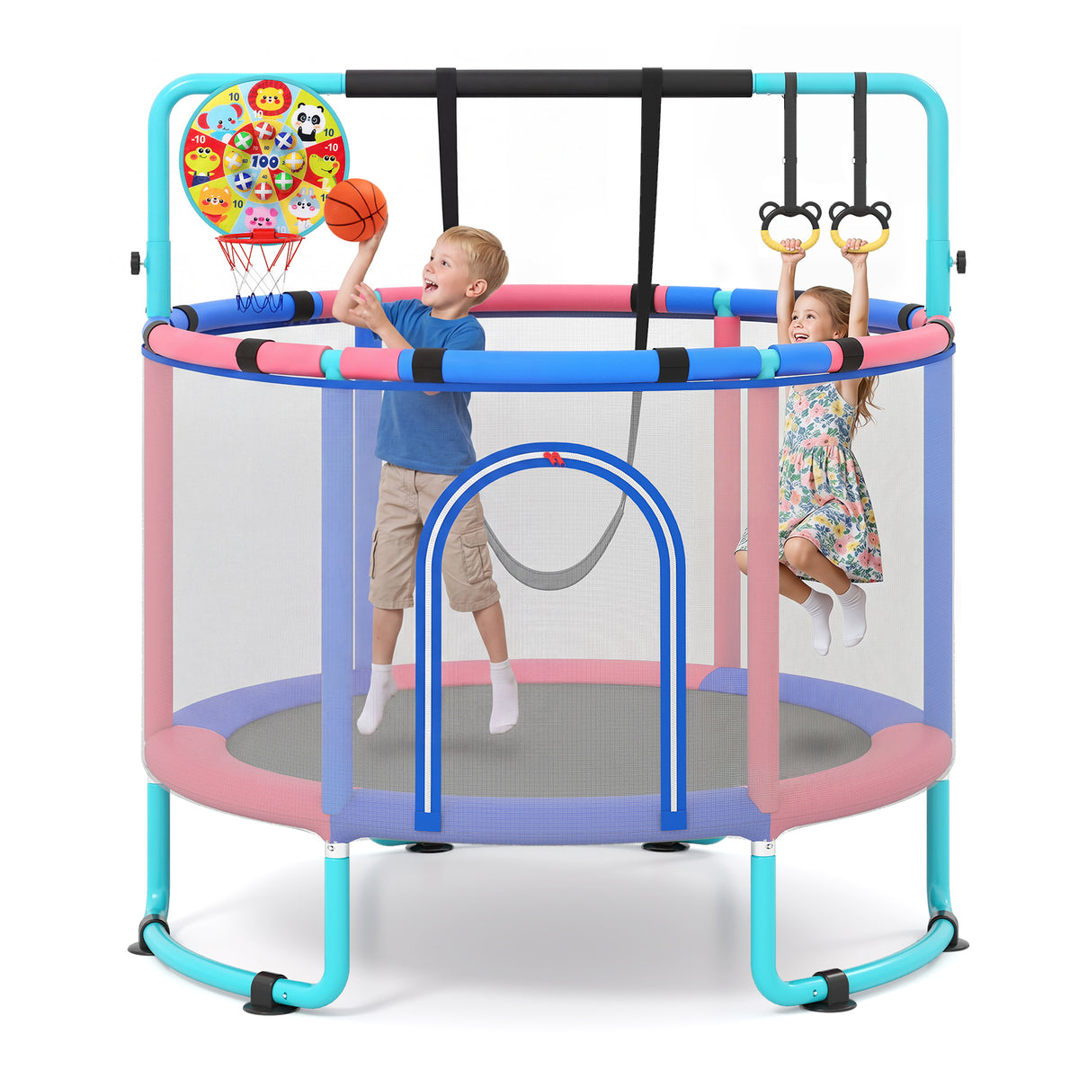 Trampoline for Kids with Enclosure, 6-in-1 Indoor Outdoor Toddler Trampoline with Adjustable Gymnastics Bar