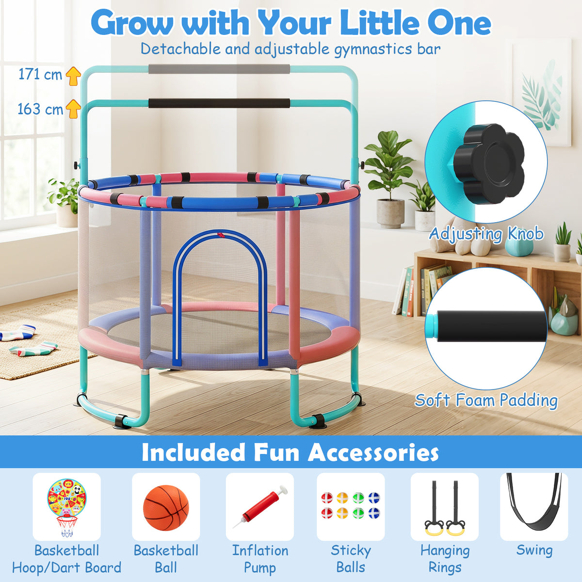 Trampoline for Kids with Enclosure, 6-in-1 Indoor Outdoor Toddler Trampoline with Adjustable Gymnastics Bar