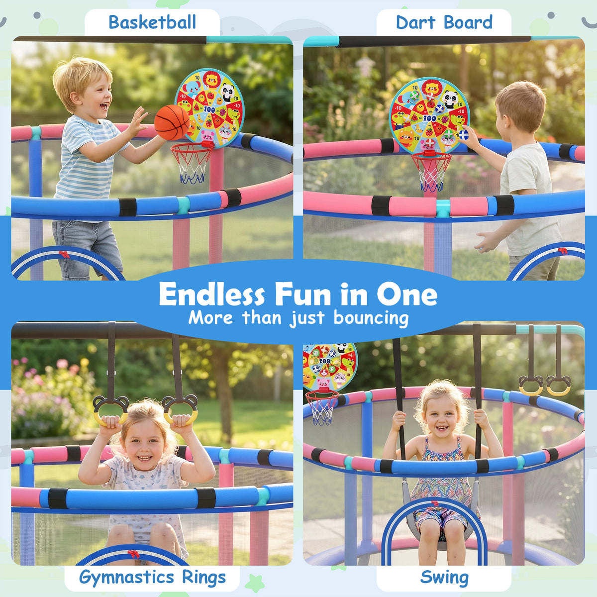 Trampoline for Kids with Enclosure, 6-in-1 Indoor Outdoor Toddler Trampoline with Adjustable Gymnastics Bar