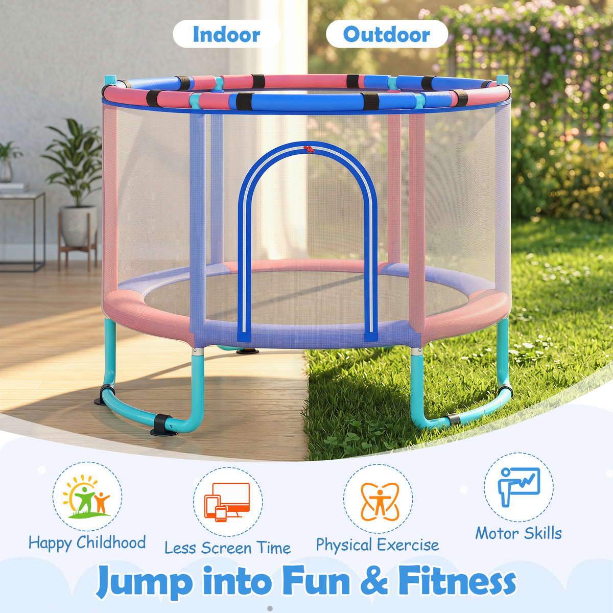 Trampoline for Kids with Enclosure, 6-in-1 Indoor Outdoor Toddler Trampoline with Adjustable Gymnastics Bar