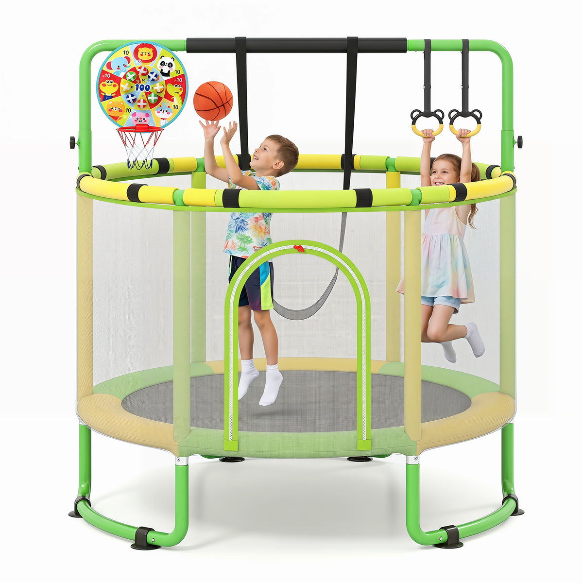 Trampoline for Kids with Enclosure, 6-in-1 Indoor Outdoor Toddler Trampoline with Adjustable Gymnastics Bar