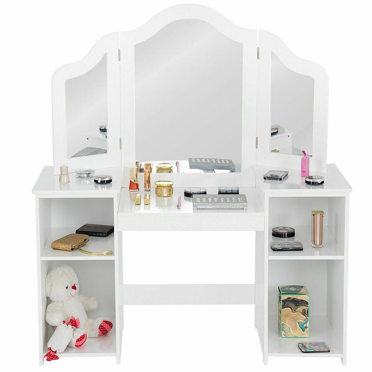 2 In 1 Kids Vanity Table and Chair Set with Removable Tri-fold Mirror for Girls Aged 3+