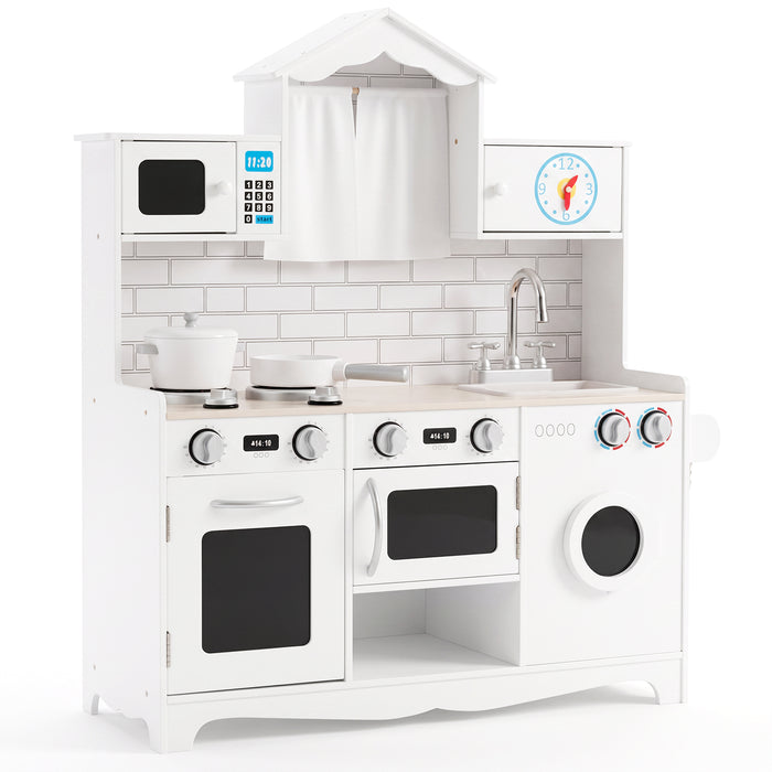 Kids Kitchen Playset, Wooden Pretend Play Kitchen Set with Sink, Clock, Curtains, Washing Machine, Cookware Utensils, Imaginative Cooking Toy for Boys Girls Aged 3+ Years Old, White