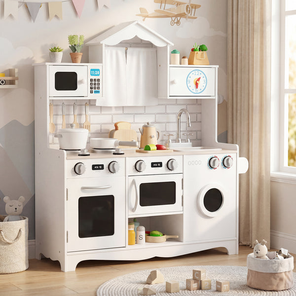 Kids Kitchen Playset, Wooden Pretend Play Kitchen Set with Sink, Clock, Curtains, Washing Machine, Cookware Utensils, Imaginative Cooking Toy for Boys Girls Aged 3+ Years Old, White