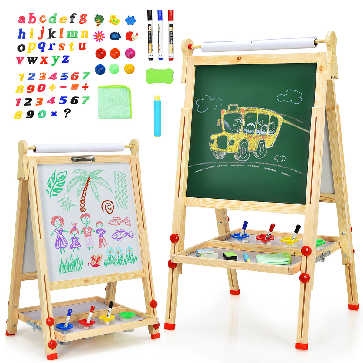 Kids Art Easel, Wooden Foldable Double-Sided Chalkboard Whiteboard w/Board Eraser, Paint Cups, Letter and Number