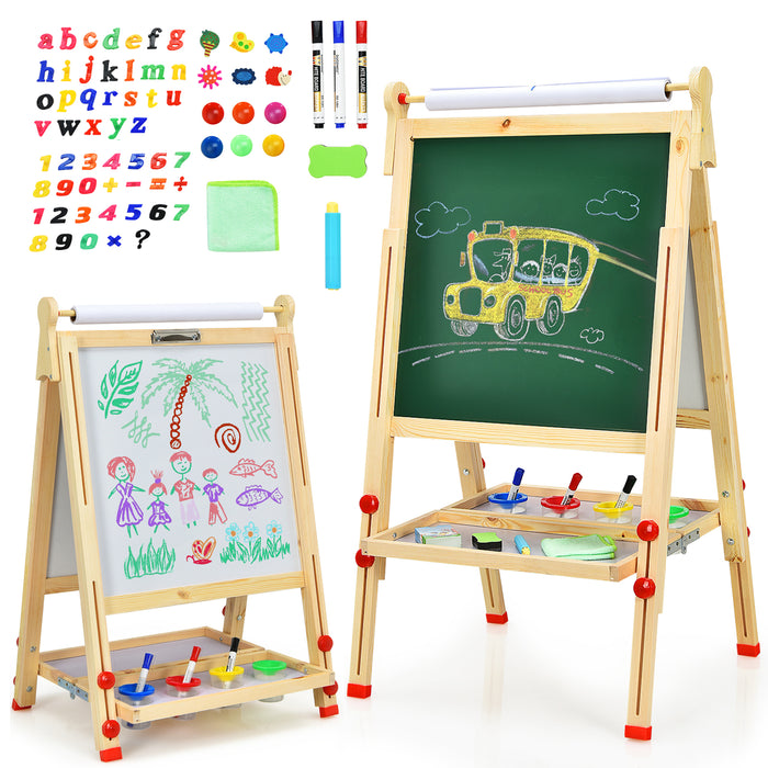 Kids Art Easel, Wooden Foldable Double-Sided Chalkboard Whiteboard w/Board Eraser, Paint Cups, Letter and Number