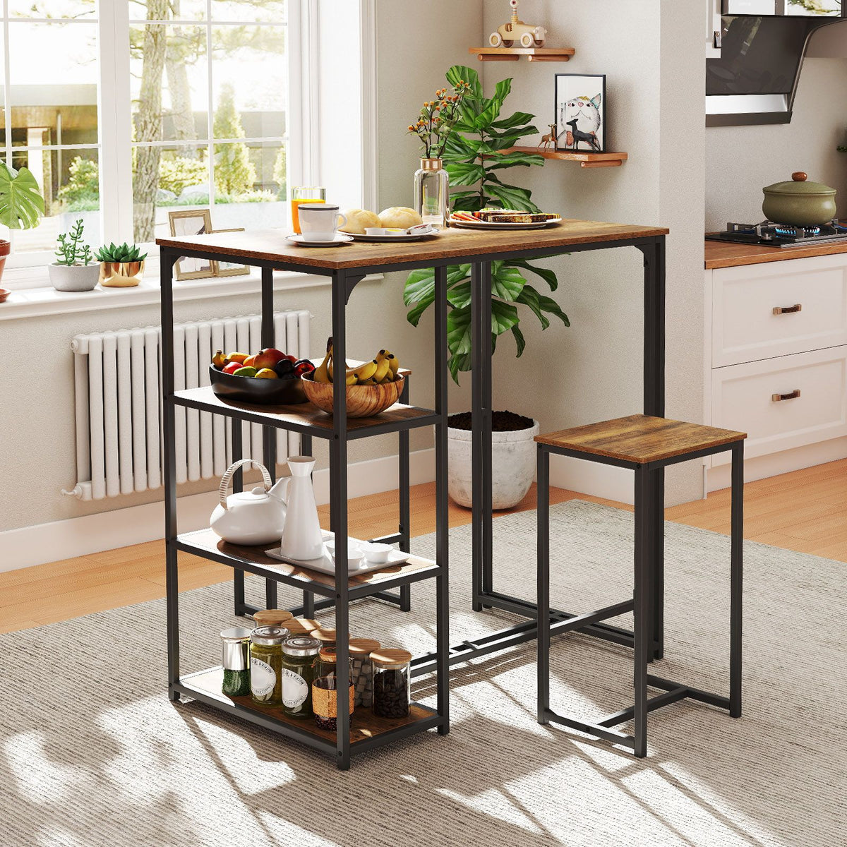 3-Piece Bar Table Set with Metal Frame and Space-saving Pub Table