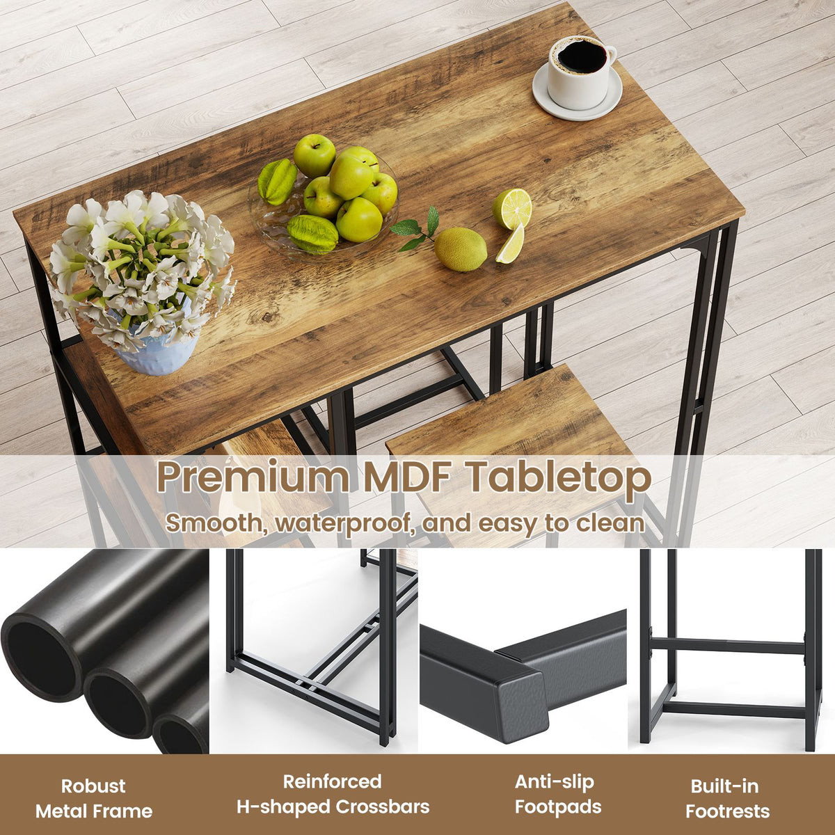 3-Piece Bar Table Set with Metal Frame and Space-saving Pub Table