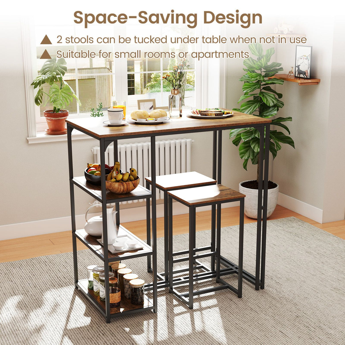 3-Piece Bar Table Set with Metal Frame and Space-saving Pub Table