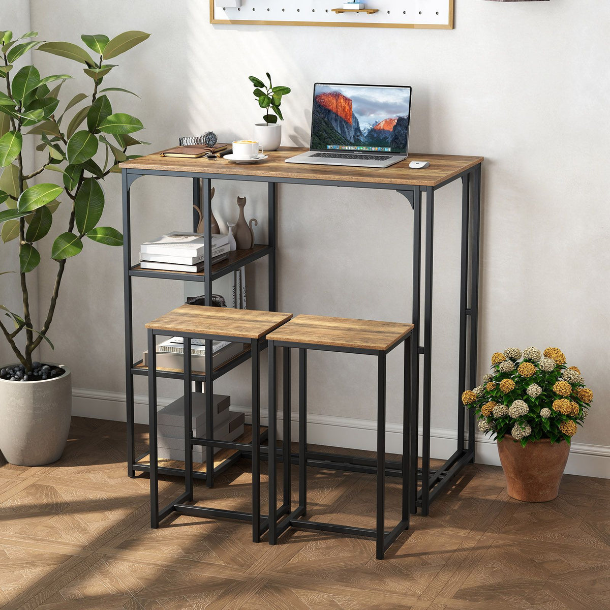 3-Piece Bar Table Set with Metal Frame and Space-saving Pub Table