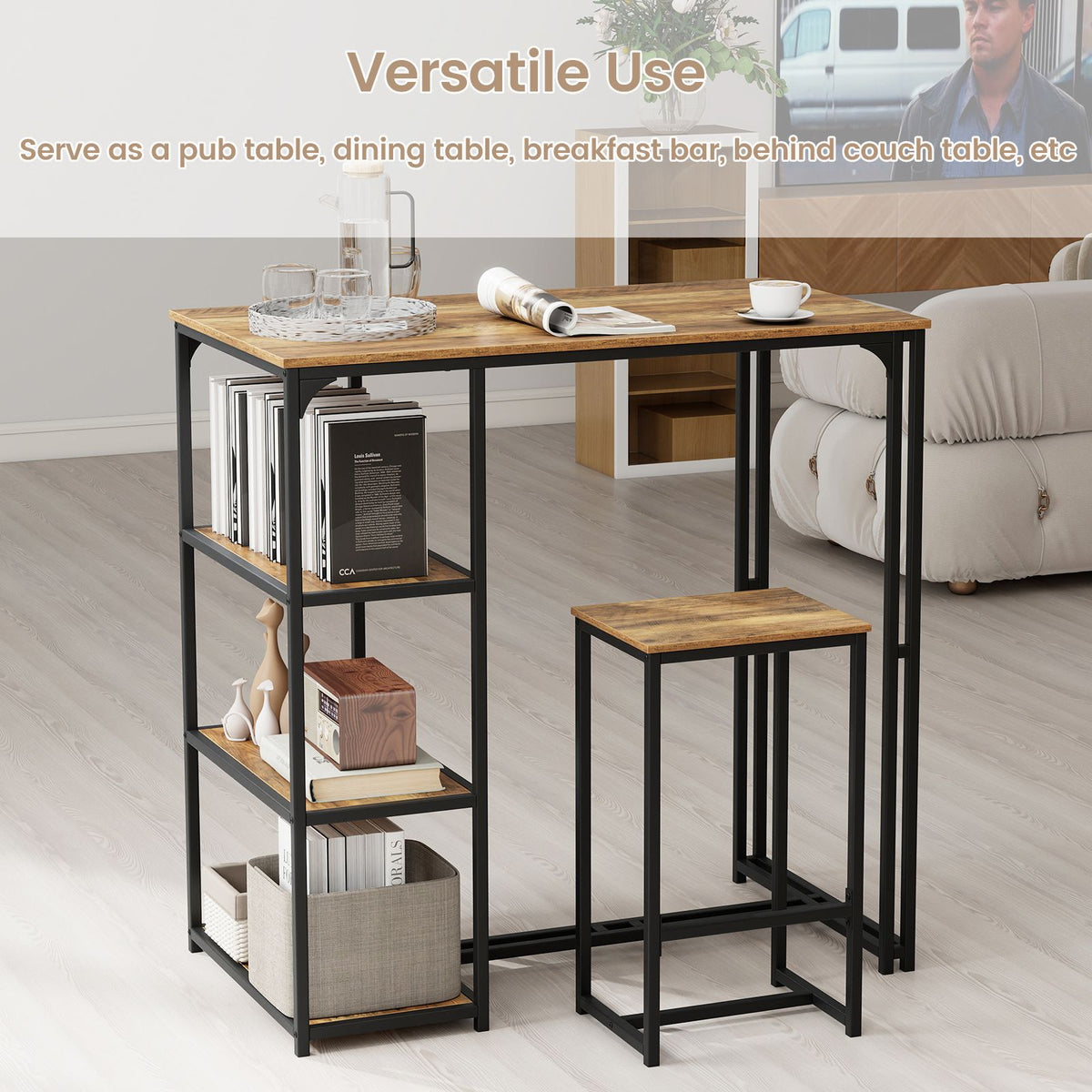 3-Piece Bar Table Set with Metal Frame and Space-saving Pub Table