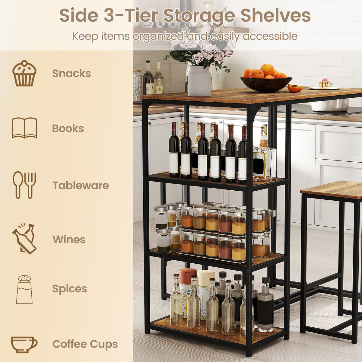 3-Piece Bar Table Set with Metal Frame and Space-saving Pub Table