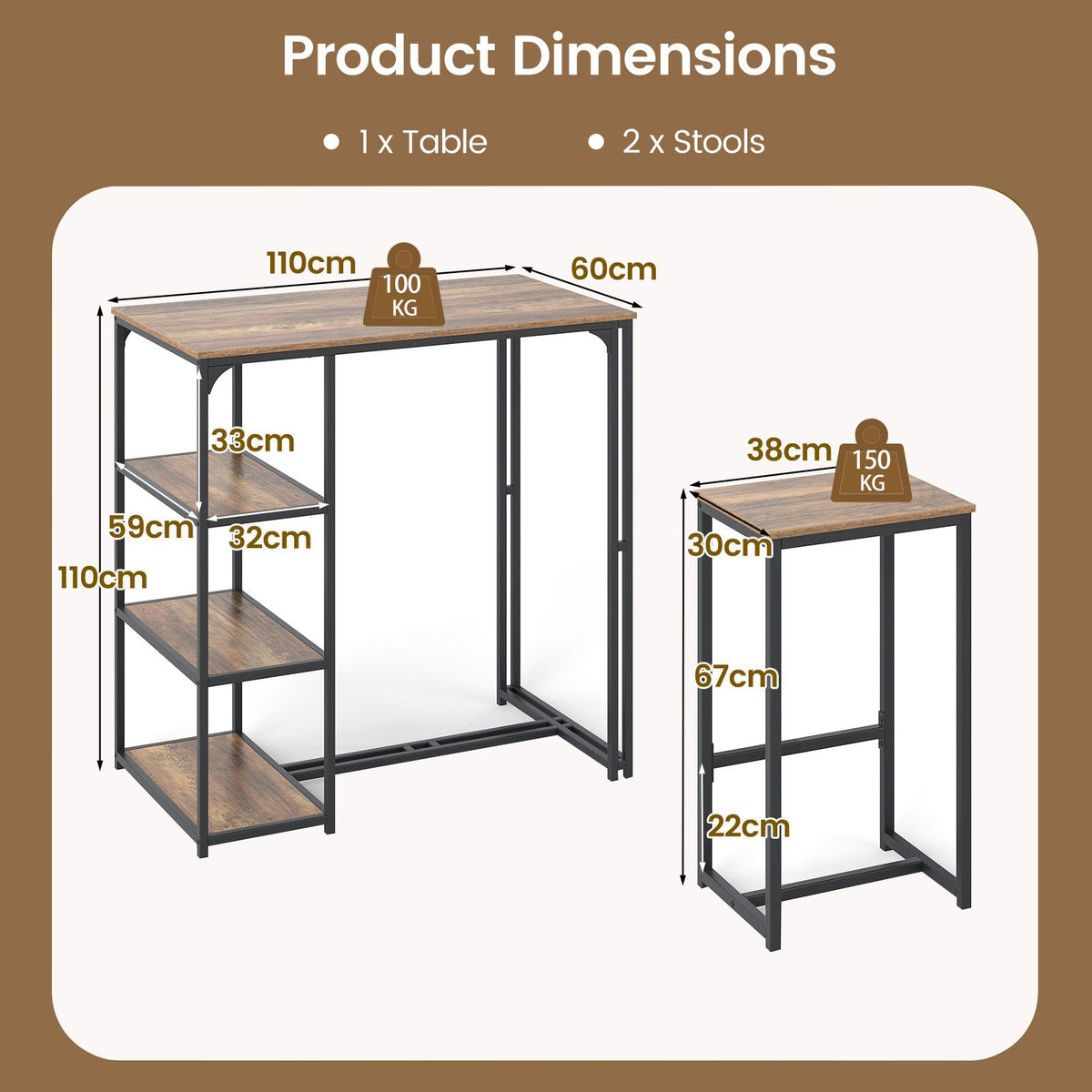 3-Piece Bar Table Set with Metal Frame and Space-saving Pub Table