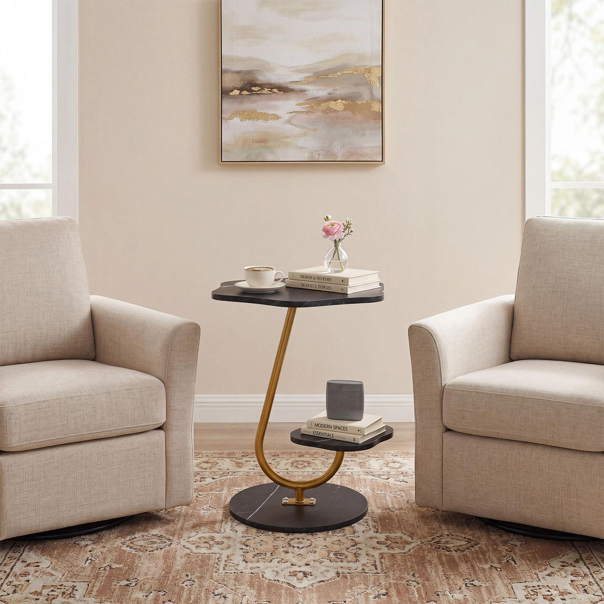 2-Tier Side Table with Storage Shelf Flower Shape for Living Room or Office