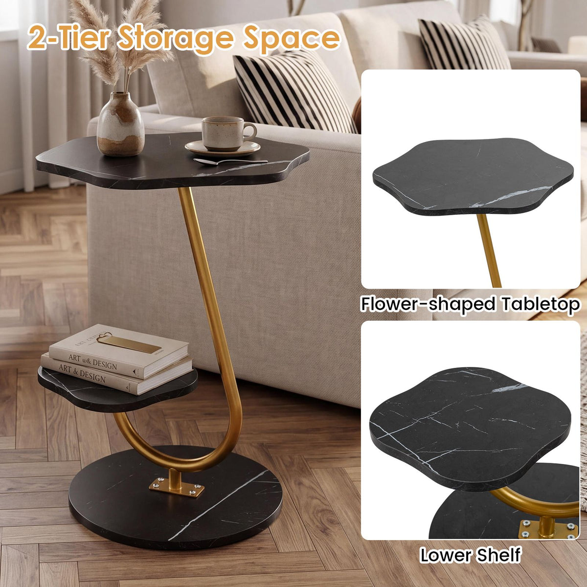 2-Tier Side Table with Storage Shelf Flower Shape for Living Room or Office