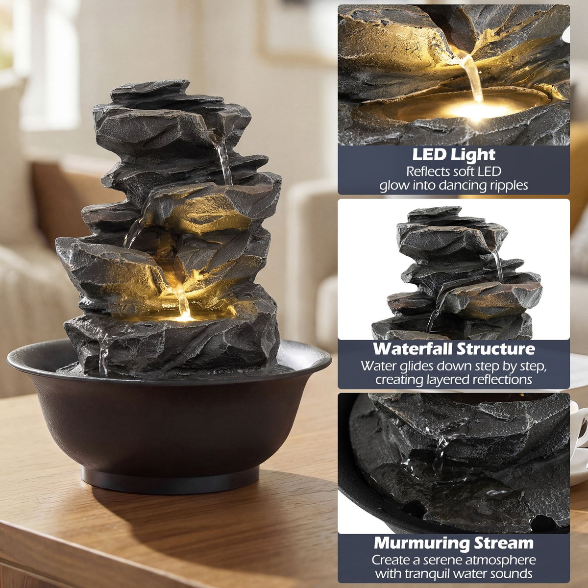 Tabletop Water Fountain with LED Light for Home Office