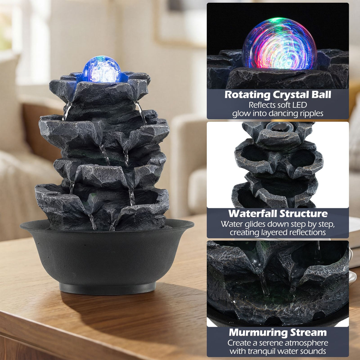 Indoor Water Fountain with Color Changing LED and Adjustable Flow