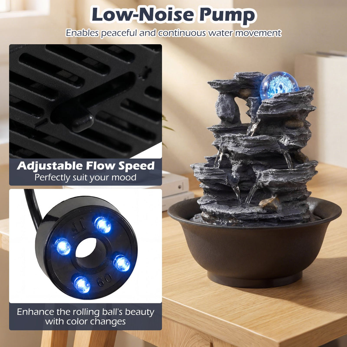 Tabletop Water Fountain with Rolling Crystal Ball and LED Light