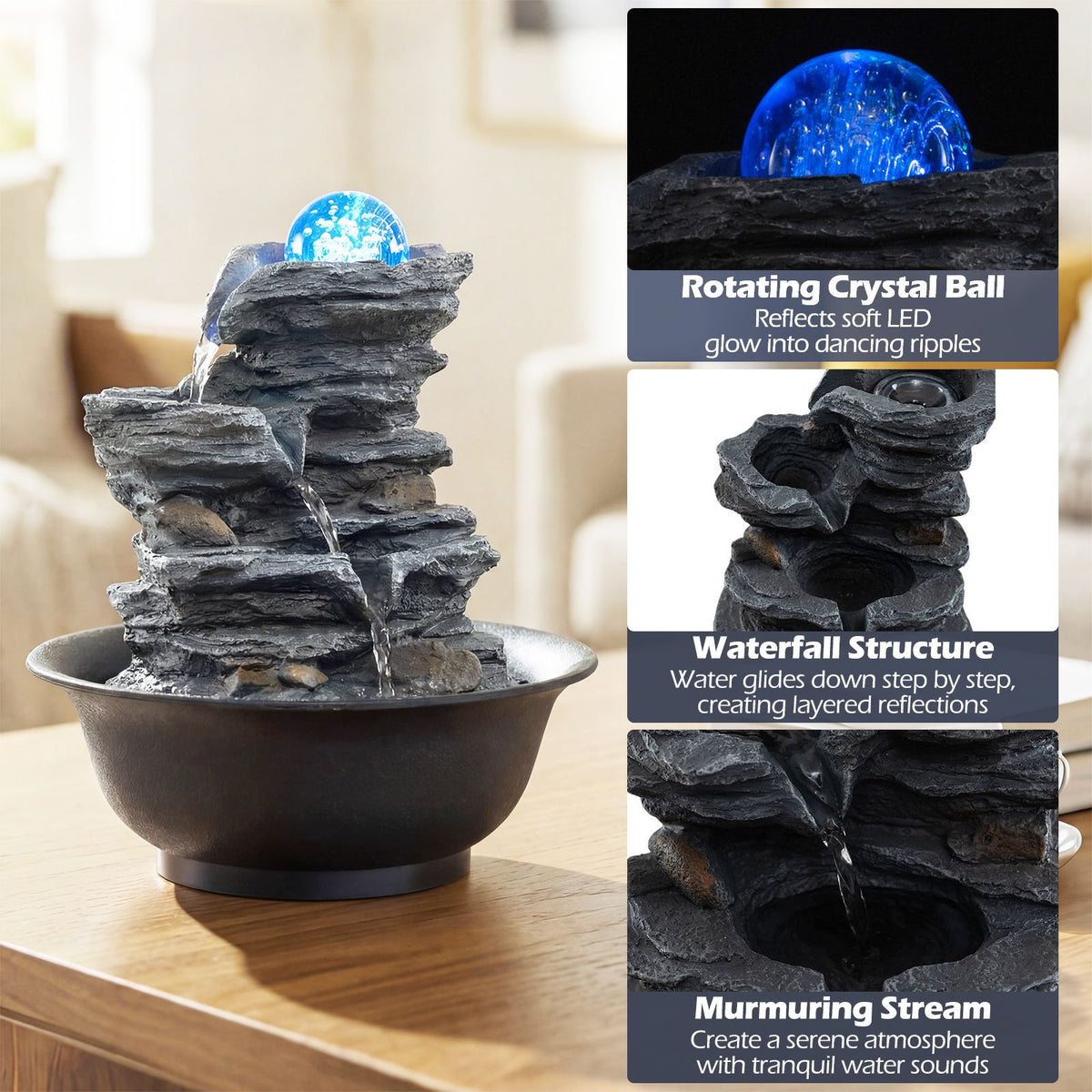 Crystal Ball Water Fountain for Desk with Pump for Home Office