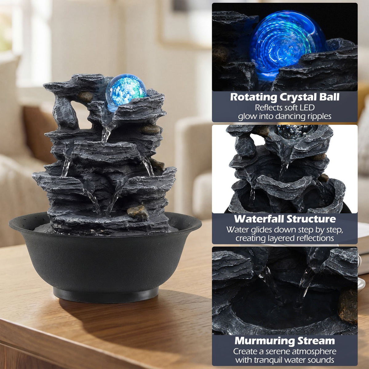 Tabletop Water Fountain with Rolling Crystal Ball and LED Light