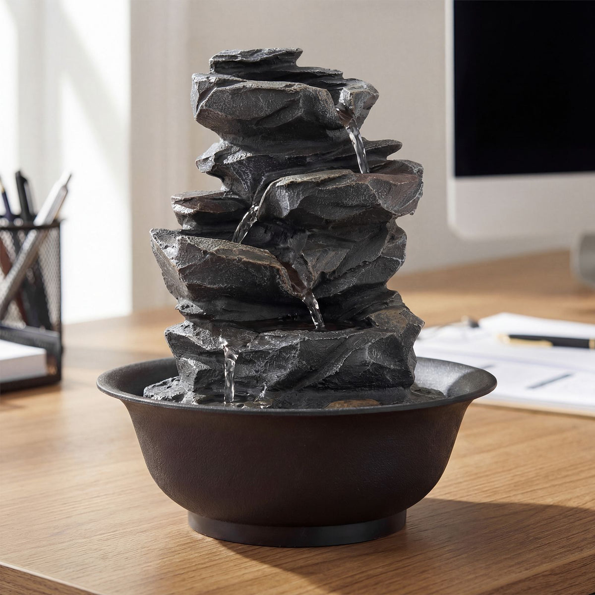 Tabletop Water Fountain with LED Light for Home Office