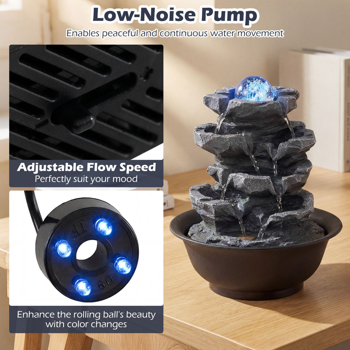 Indoor Water Fountain with Color Changing LED and Adjustable Flow