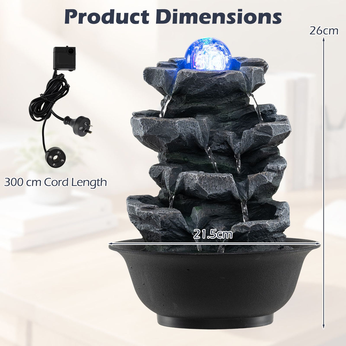 Indoor Water Fountain with Color Changing LED and Adjustable Flow