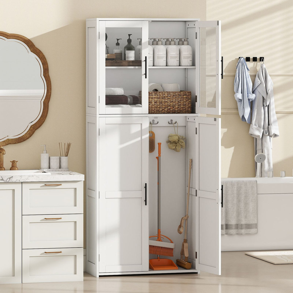 Tall Bathroom Storage Cabinet with Doors and Shelves for Mops Vacuum Cleaners