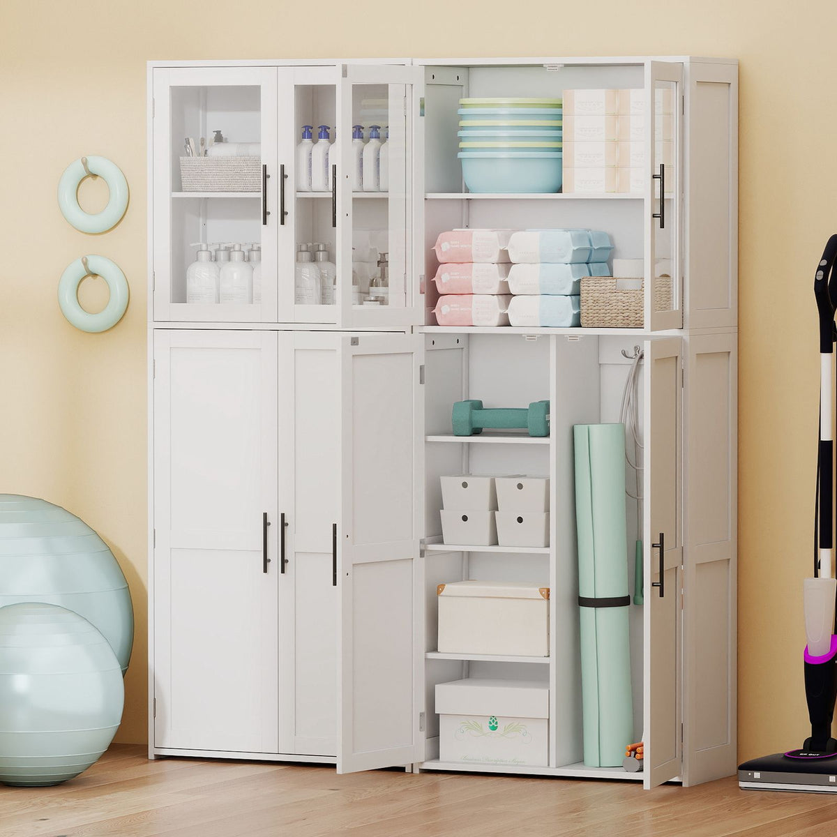 Tall Bathroom Storage Cabinet with Doors and Shelves for Mops Vacuum Cleaners
