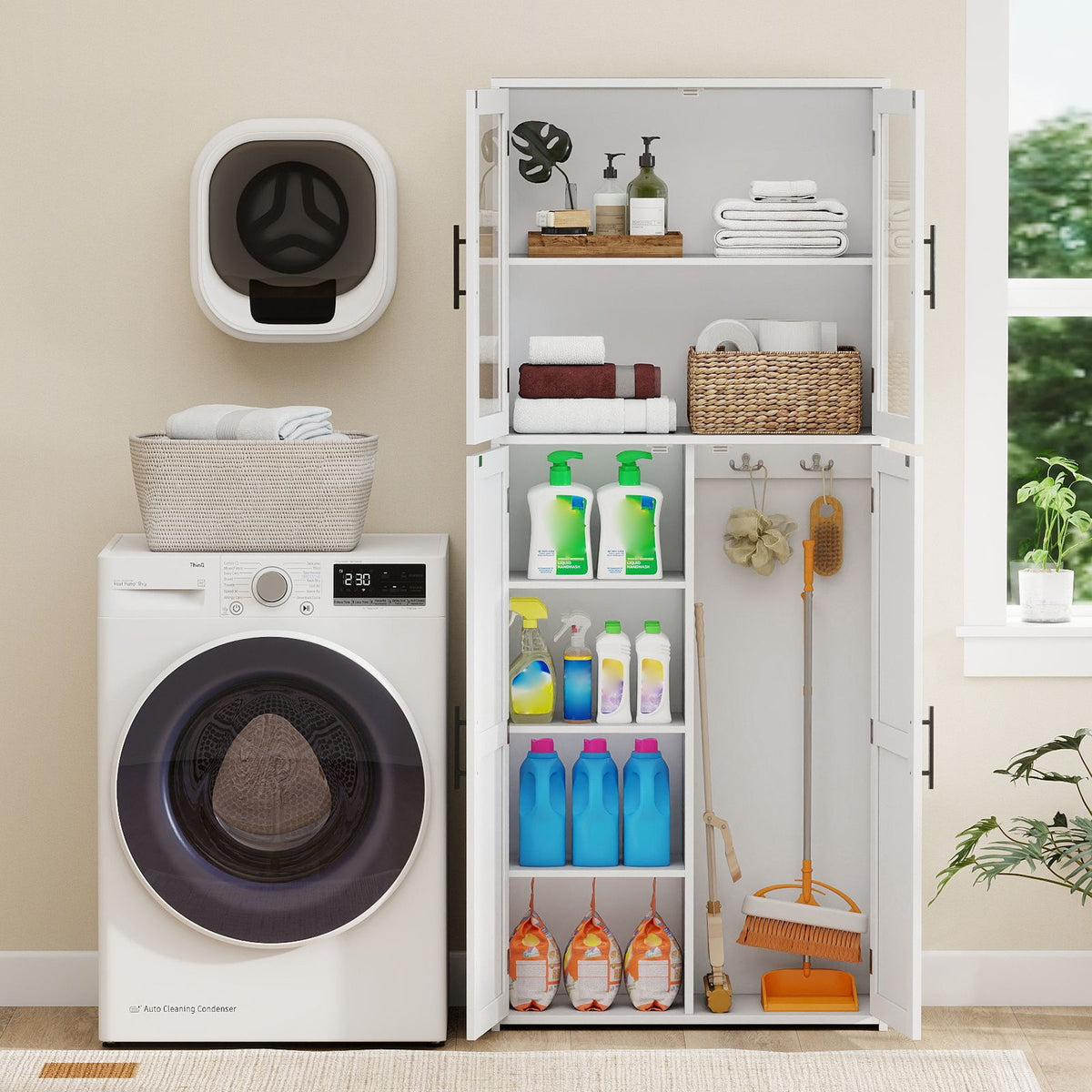 Tall Bathroom Storage Cabinet with Doors and Shelves for Mops Vacuum Cleaners