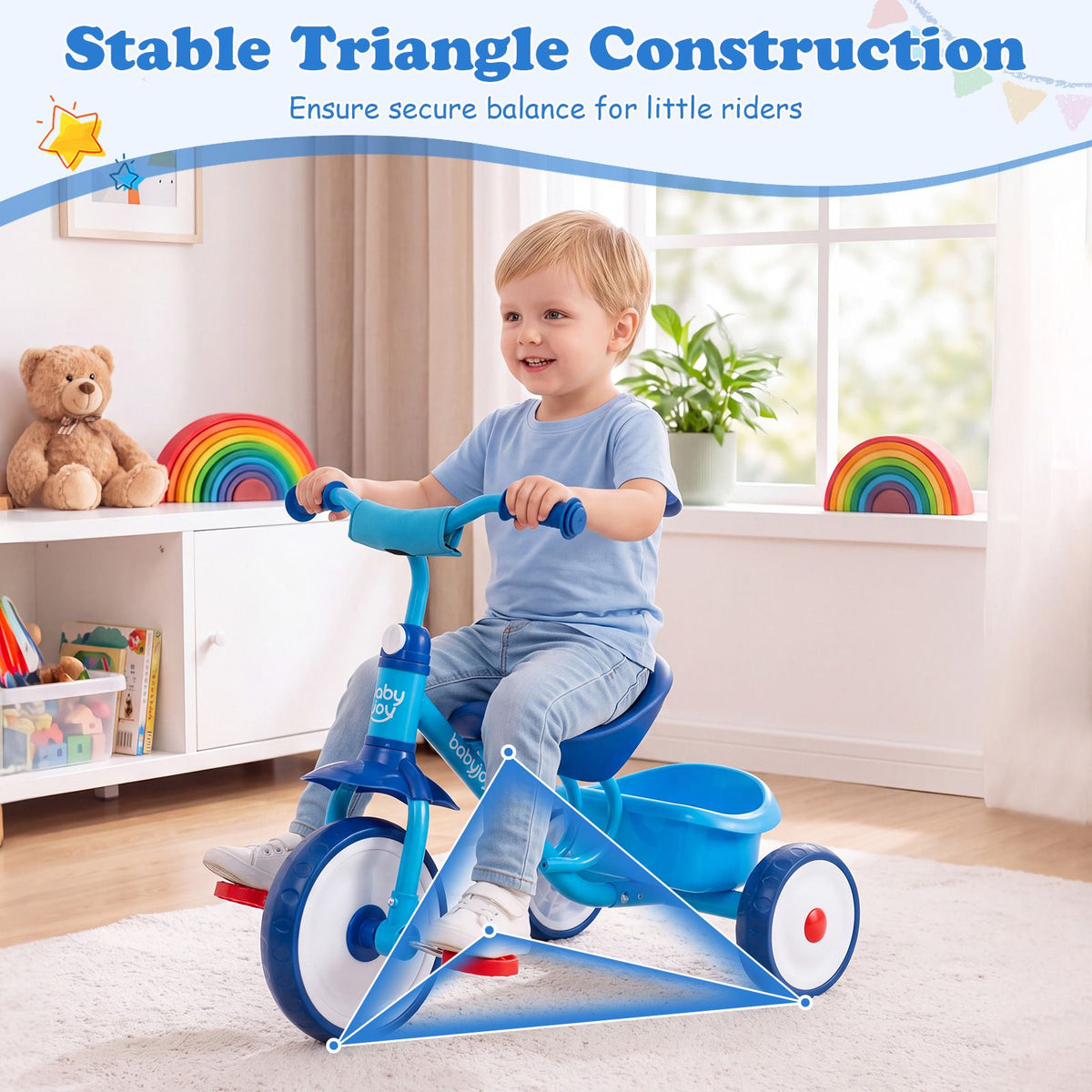 Toddler Tricycle for Boys Girls 2-5 with Rear Storage Basket and Metal Frame