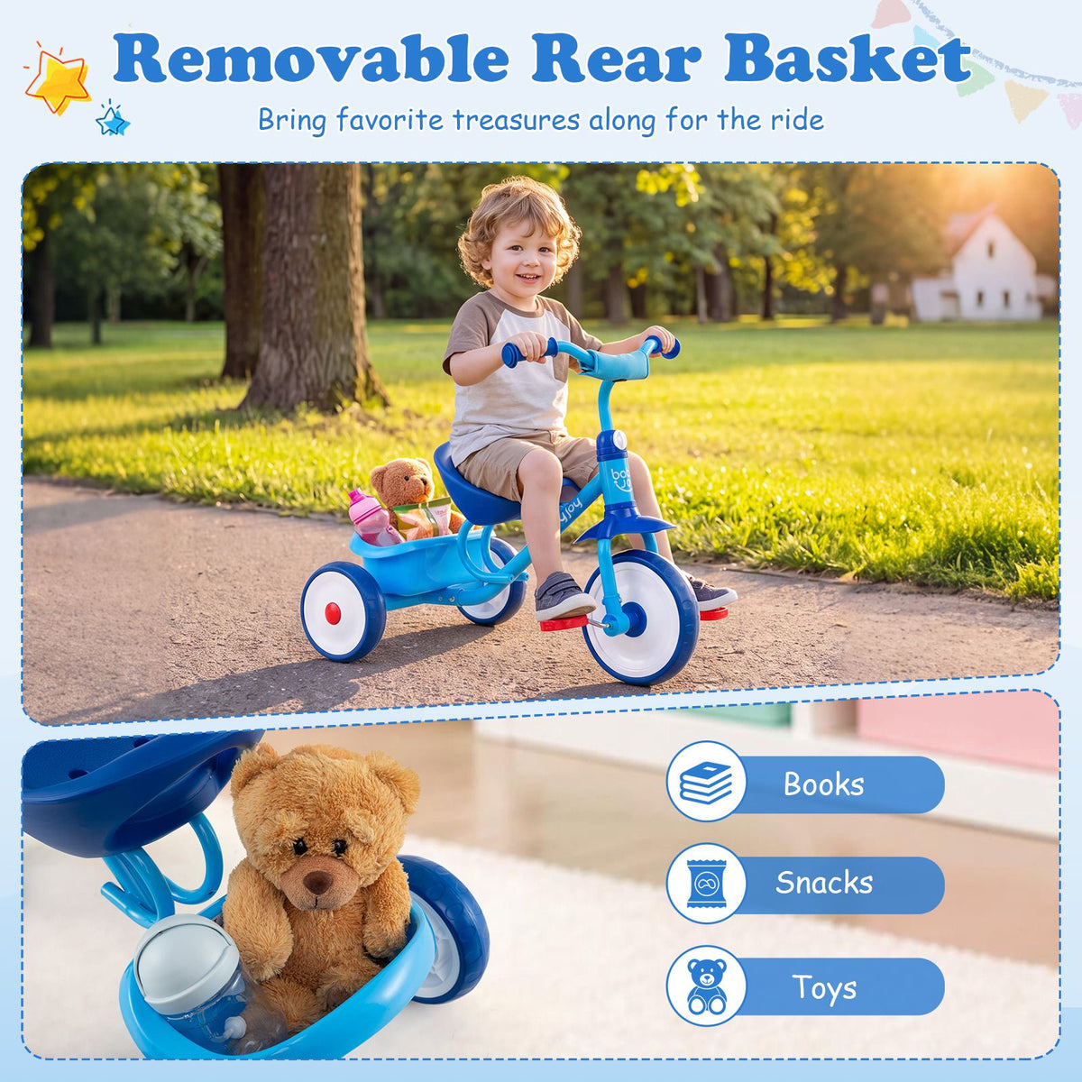 Toddler Tricycle for Boys Girls 2-5 with Rear Storage Basket and Metal Frame