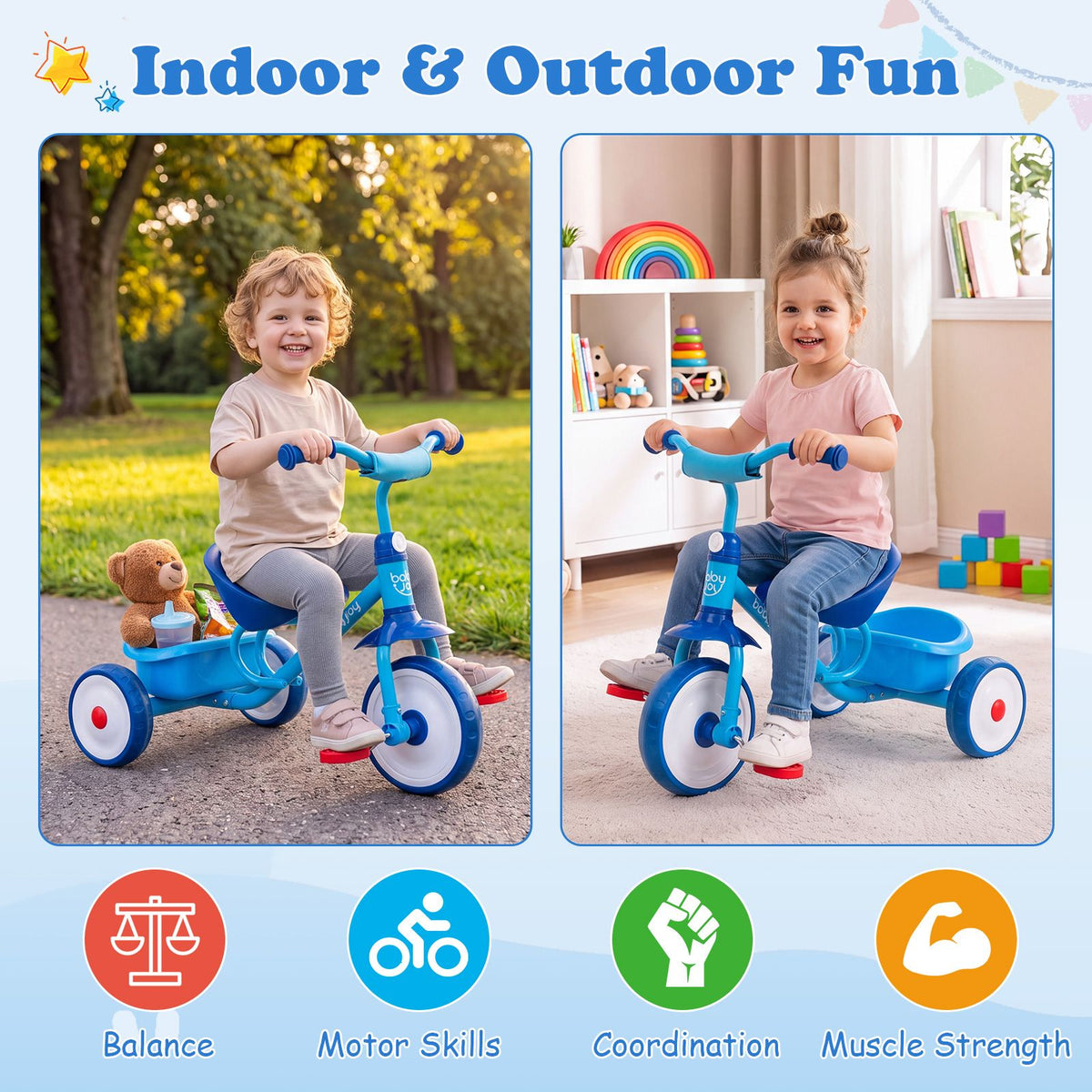 Toddler Tricycle for Boys Girls 2-5 with Rear Storage Basket and Metal Frame