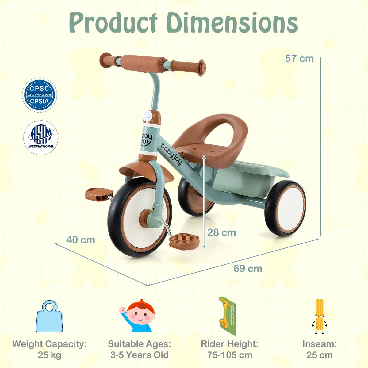 Toddler Tricycle with Adjustable Seat and Storage Basket for Aged 3-5 Years