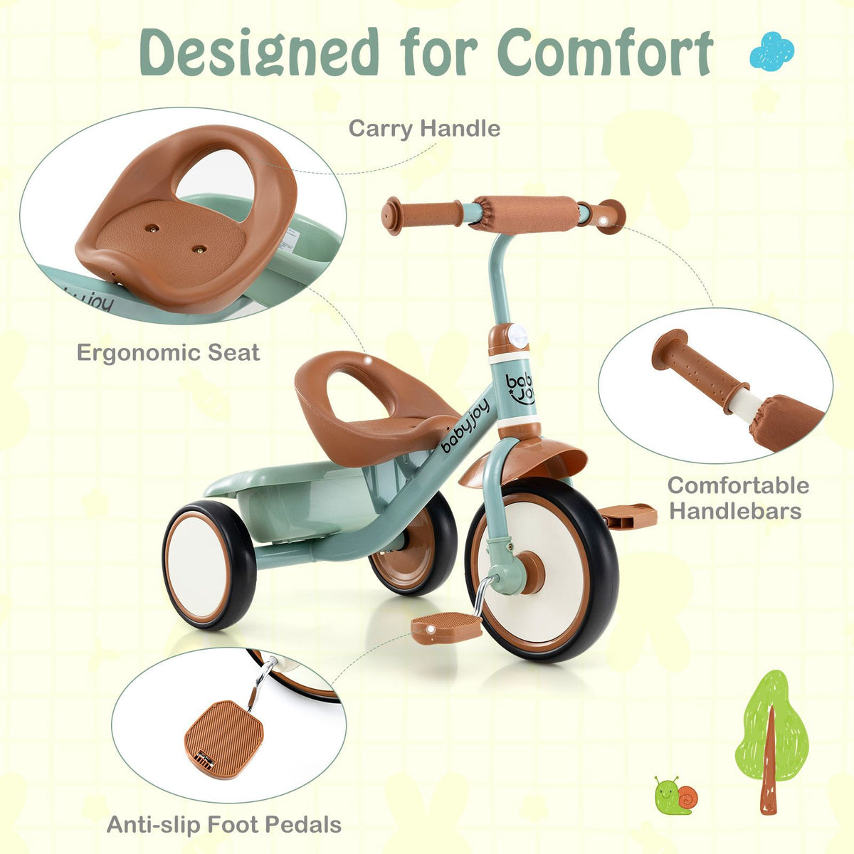 Toddler Tricycle with Adjustable Seat and Storage Basket for Aged 3-5 Years