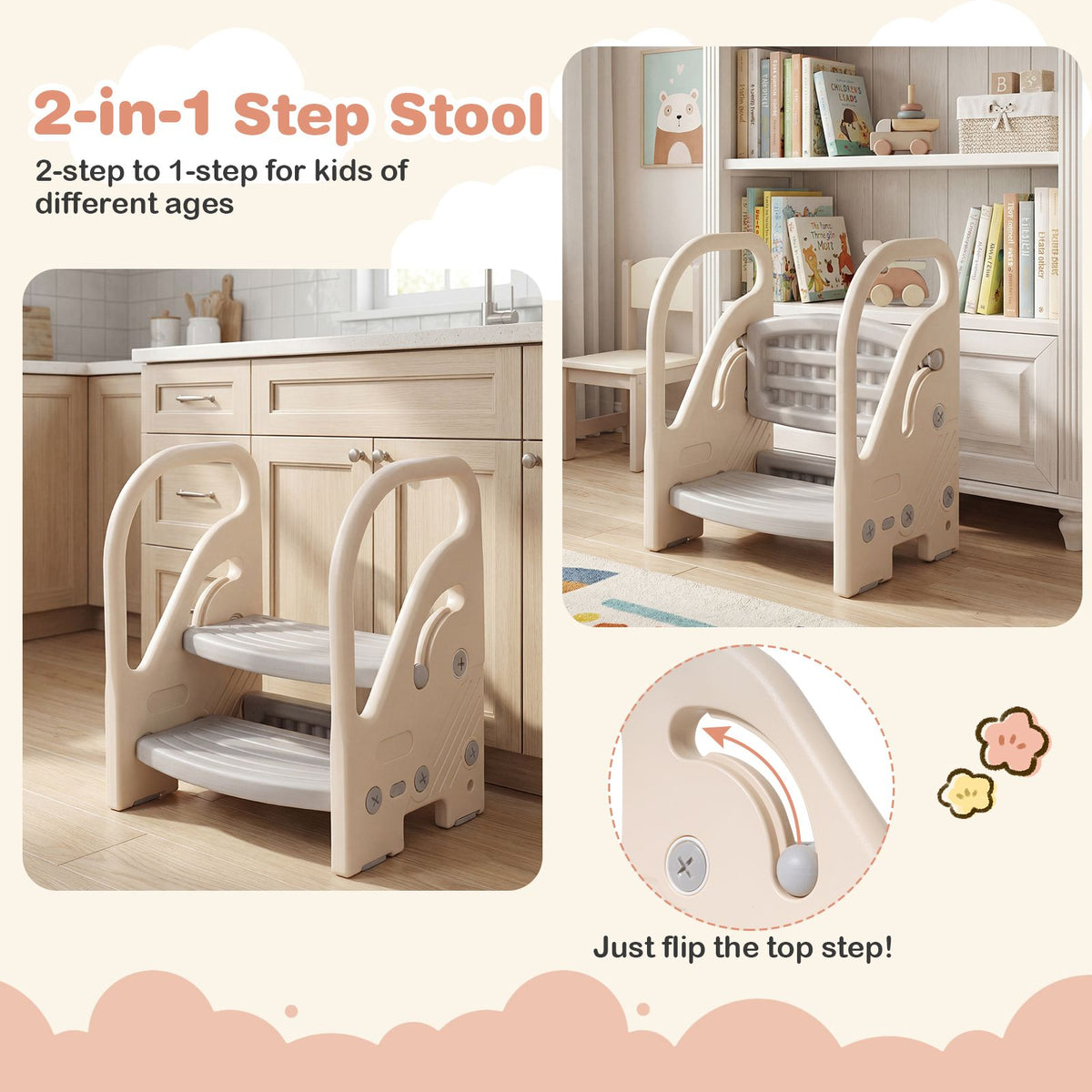 Toddler Step Stool with Adjustable 2/3-Step and Safety Handles for Bedroom