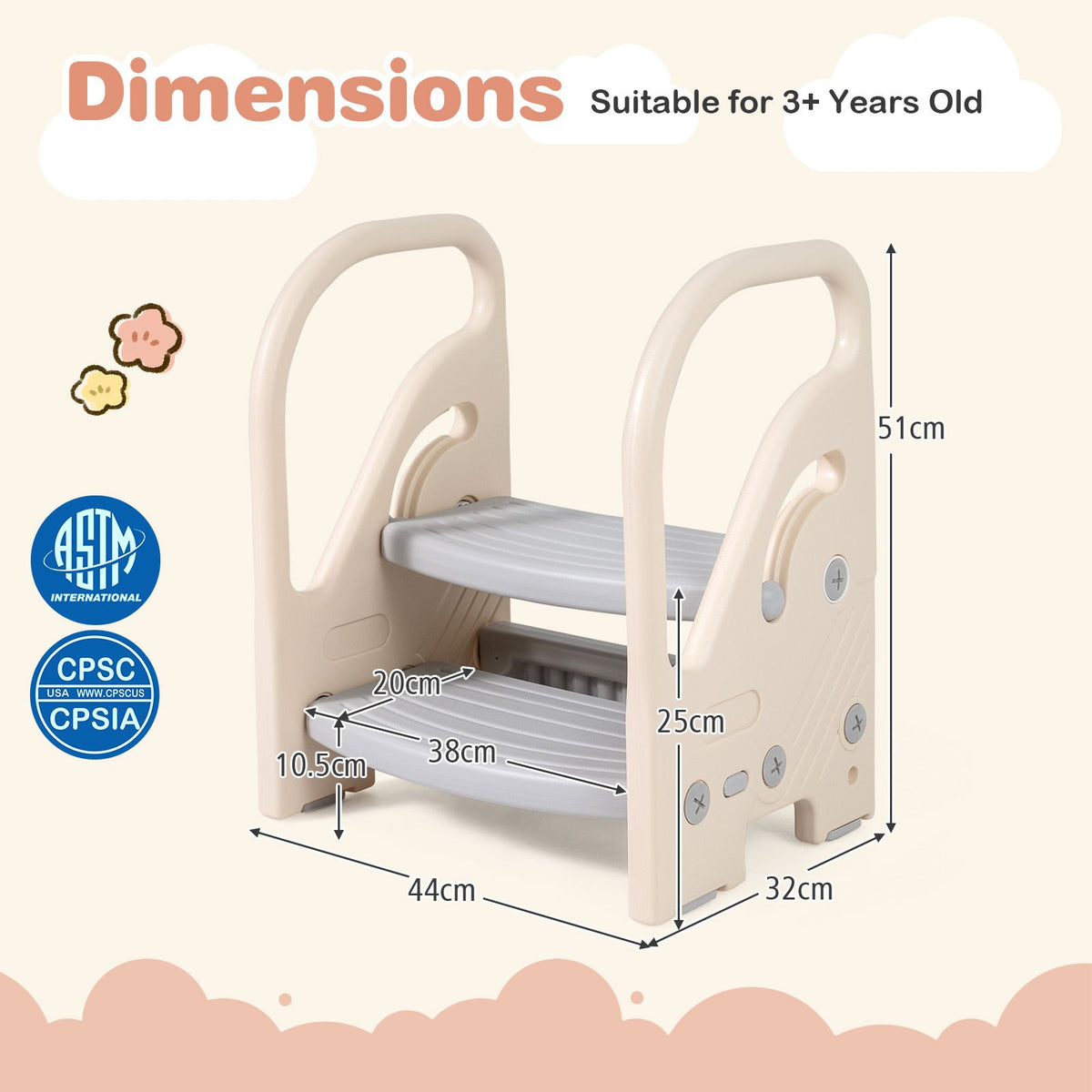 Toddler Step Stool with Adjustable 2/3-Step and Safety Handles for Bedroom