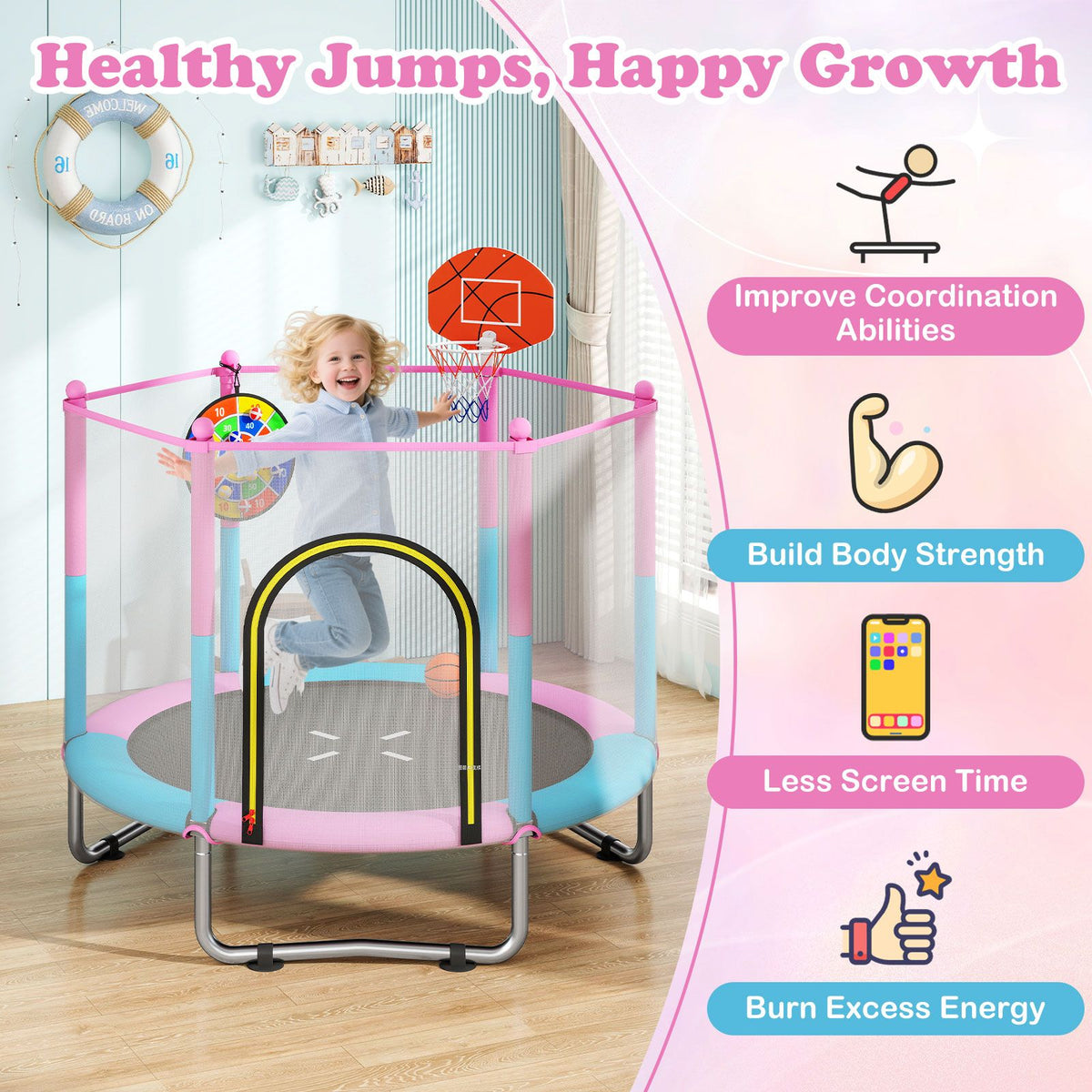 Toddler Trampoline with Basketball Hoop and No-gap Design for Kids