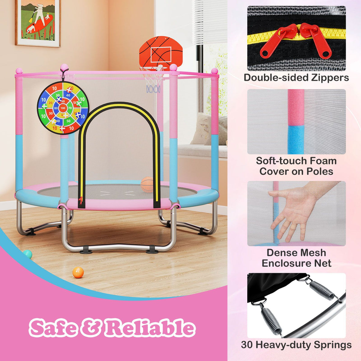 Toddler Trampoline with Basketball Hoop and No-gap Design for Kids