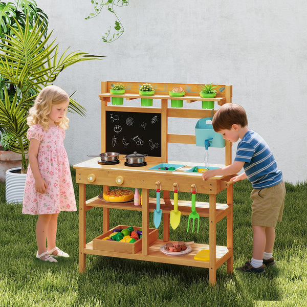 Toddler Wooden Pretend Play Kitchen Playset with Faucet and Pots